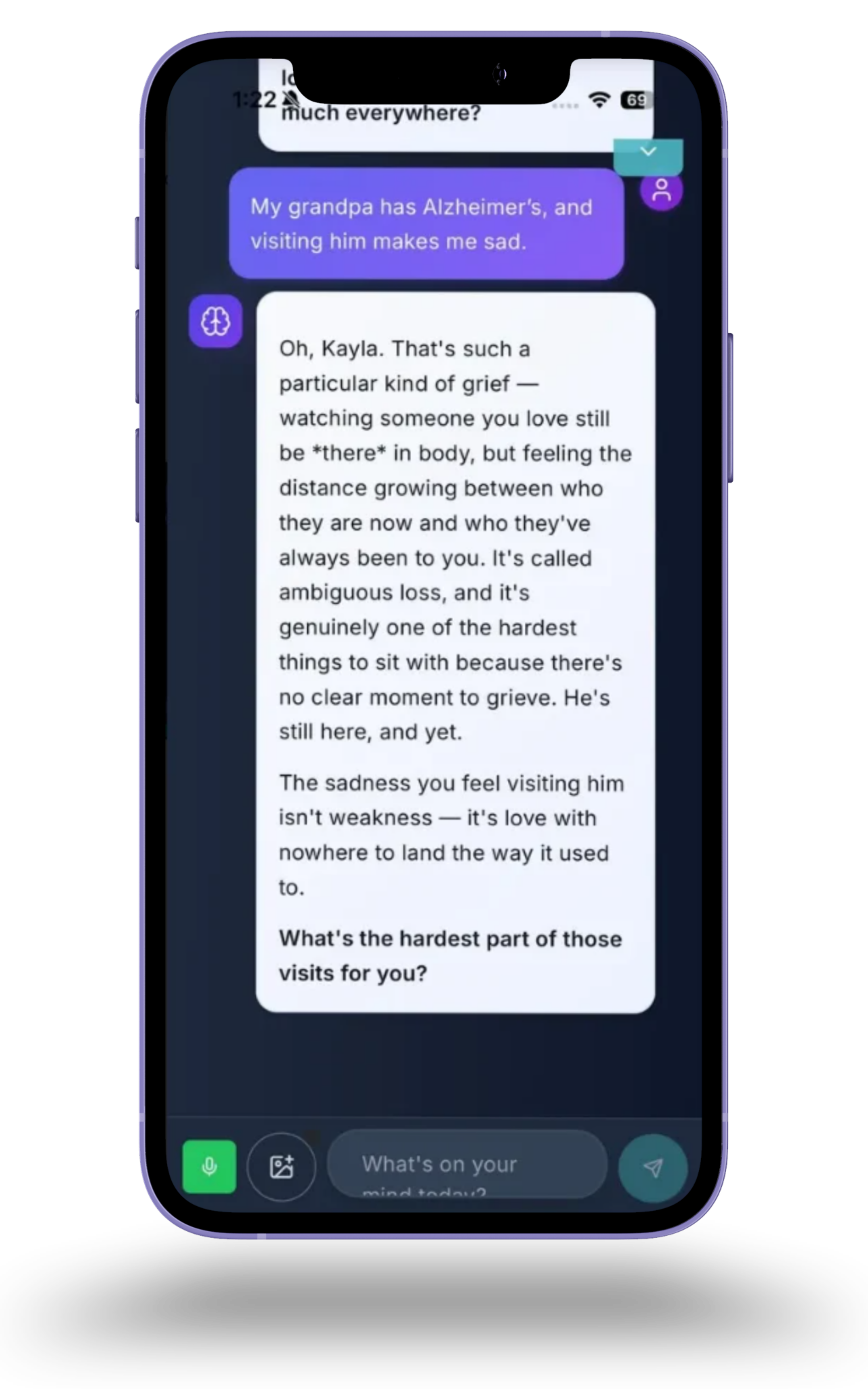 PsychPal supporting a user processing grief and Alzheimer's caregiving stress